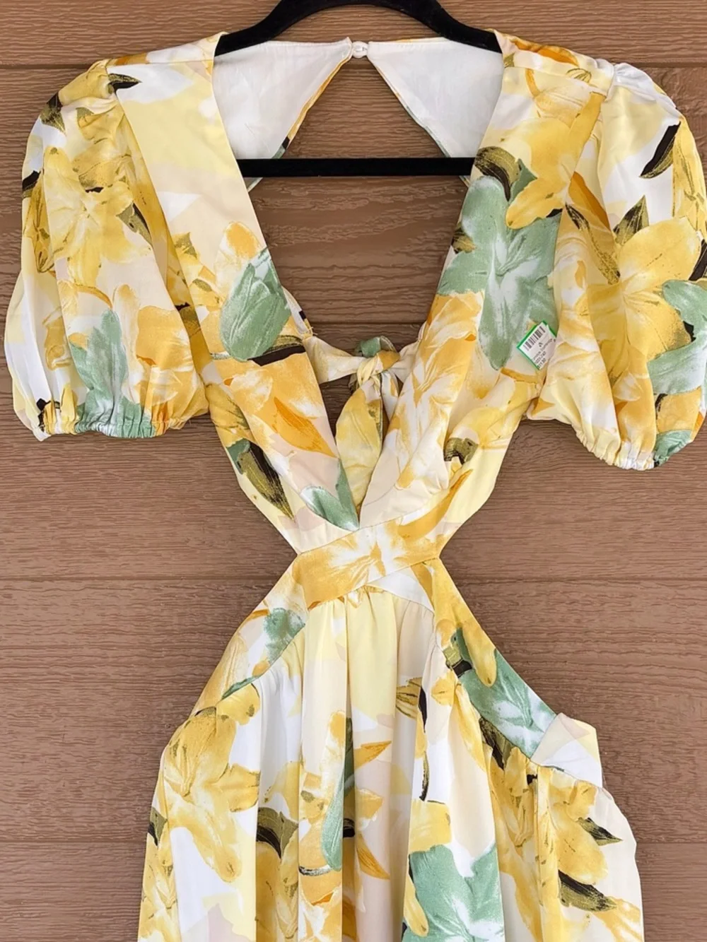 Hello Molly Yellow Floral Cutout Midi Dress with Puff Sleeves -Sz S - Picture 4 of 9
